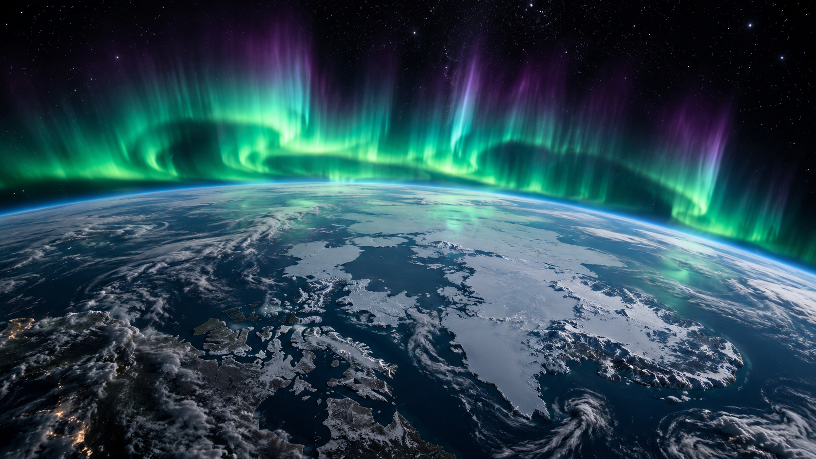An artistic view of green and violet northern lights above the curved Earth
